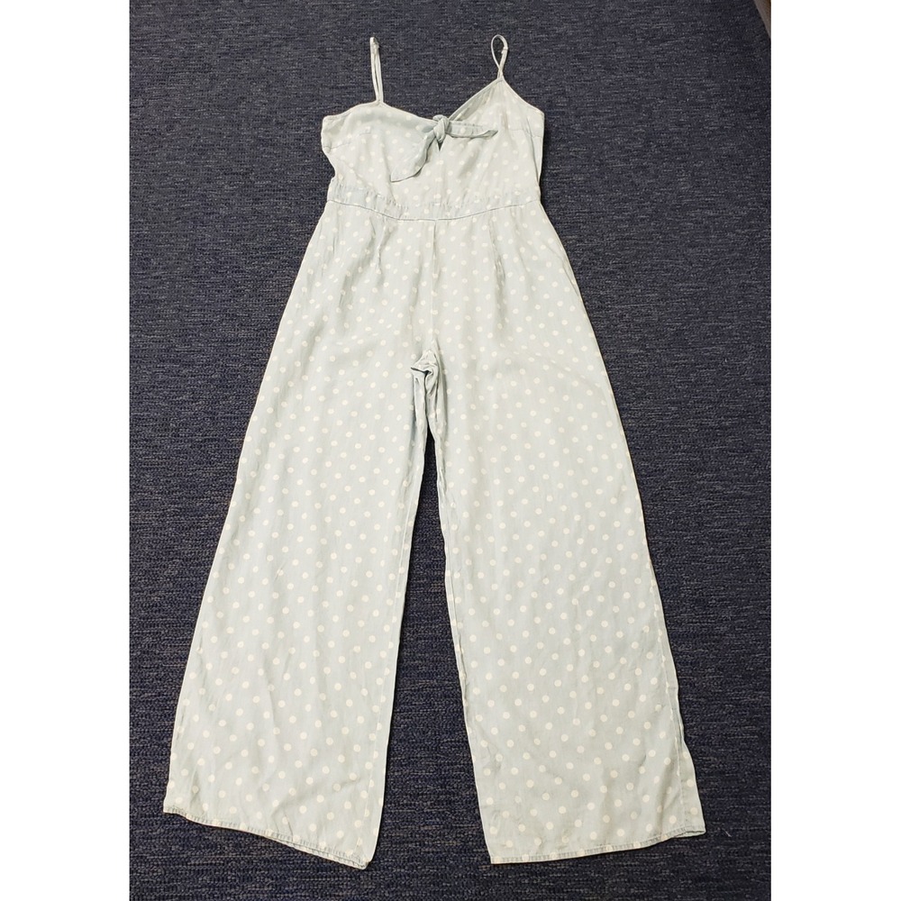 Romeo  & Juliet Couture Womens Wide Leg Jumpsuit Size L Blue White Polka Dot